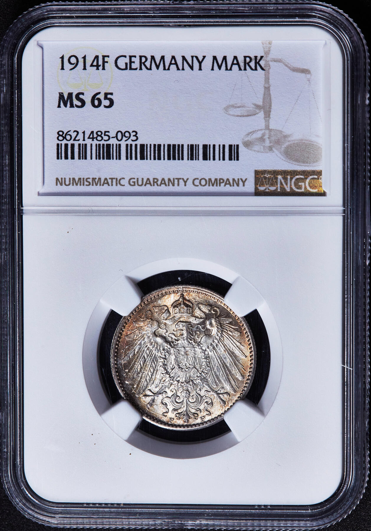【俄甄集藏】2026年(049)03-18星期三 晚 19:30 全场包邮 德国1914年F版1马克银币，NGC MS65，五彩环彩老包浆，转光品相