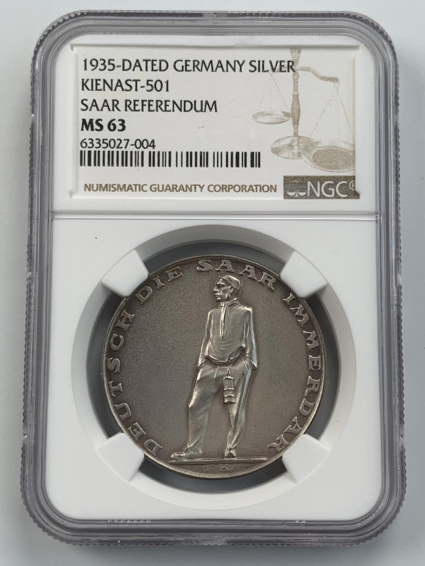 掌中浮雕-藏着的欧洲第054场 NGC MS63 : 1935年德国萨尔区公投纪念银章，36mm