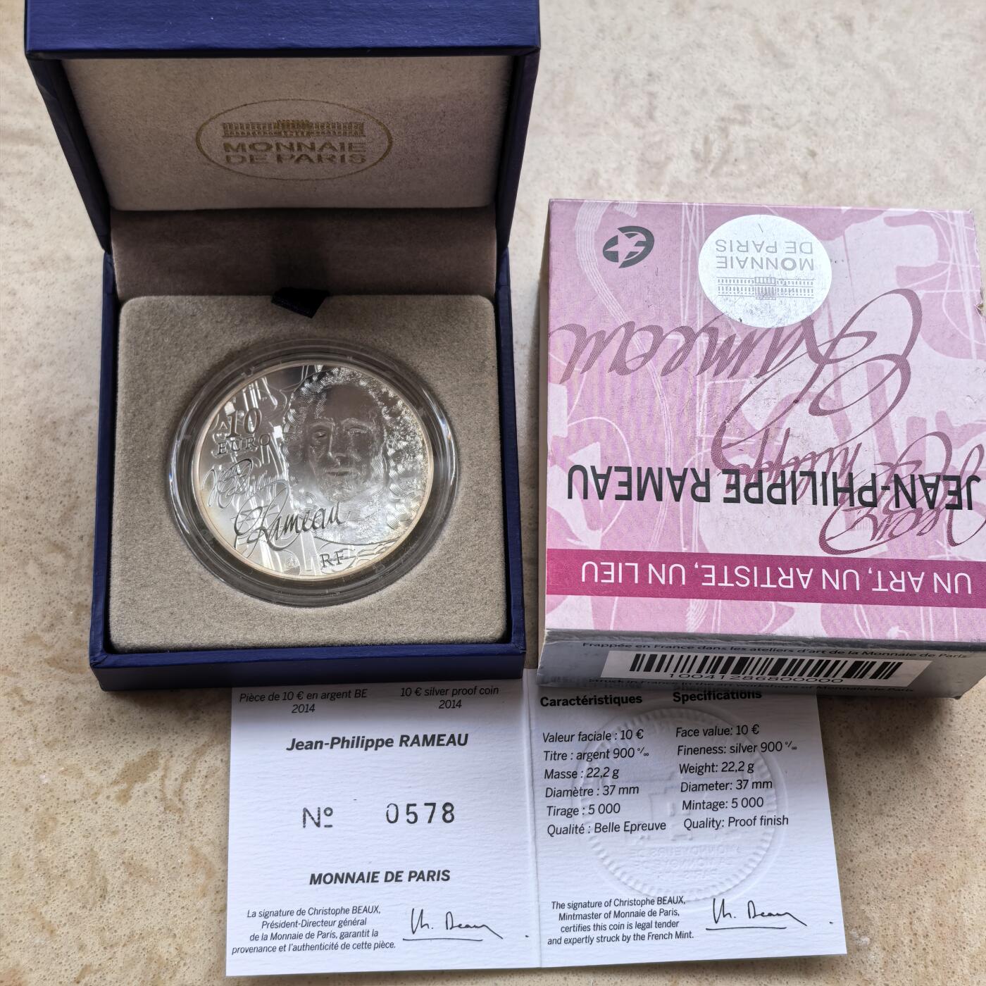 道一币馆币章第一百六十八场 原盒证 法国2014年音乐家-让-菲利普·拉莫10欧元精制银币  22.2g 900s 5000