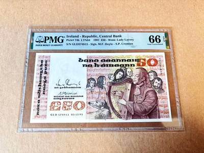 【Blue Auction】世界纸币精拍第793期——18级TOP拍卖/信誉/品质/专业/高效💫 - 爱尔兰 1991年50镑 盲人弹琴 PMG66EPQ  设计精美