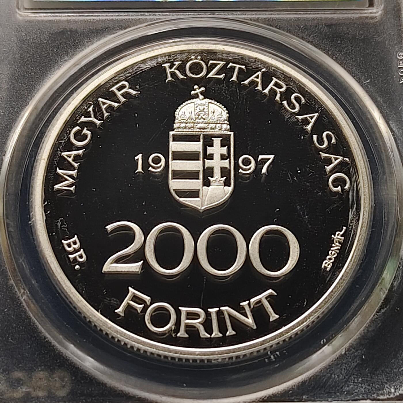 【全场包邮】纯粹捡漏拍511场 匈牙利1997年2000福林加入欧盟精制纪念银币【38.61毫米31.46克92.5%】-公博PF69
