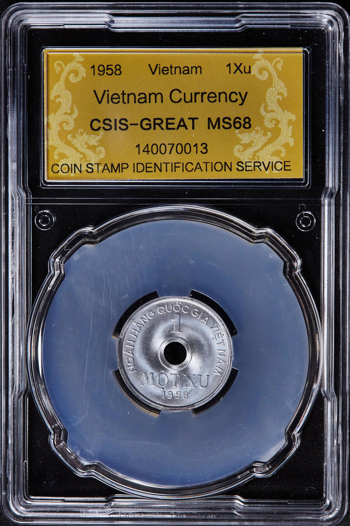 【俄甄集藏】2026年(049)03-18星期三 晚 19:30 全场包邮 越南1958年中孔1绪铝币，信泰 MS68，转光，顶级品相