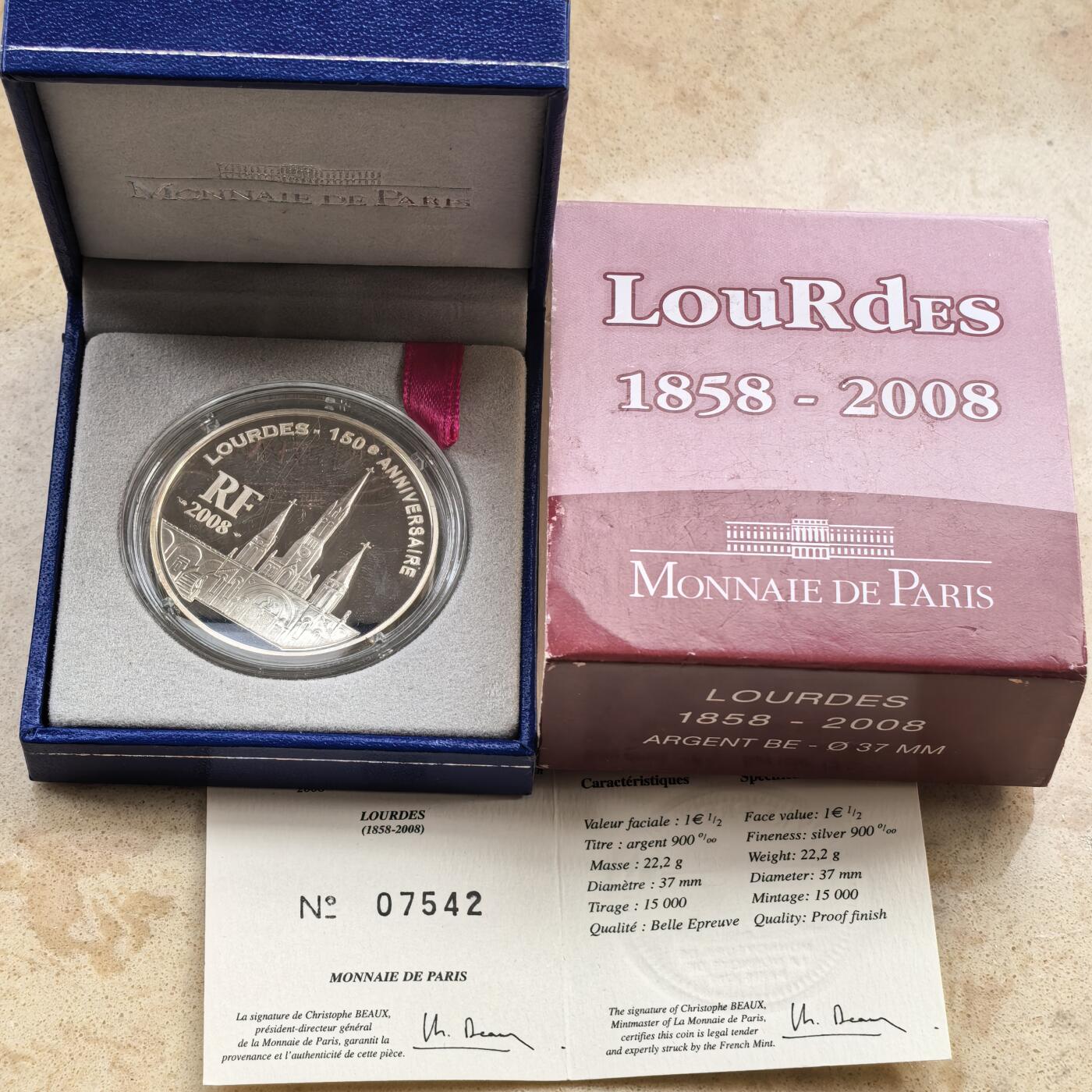 道一币馆币章第一百六十八场 原盒证 法国2008年巴黎圣母院卢尔德教堂1.5欧元精制银币  22.2g 900s 15000