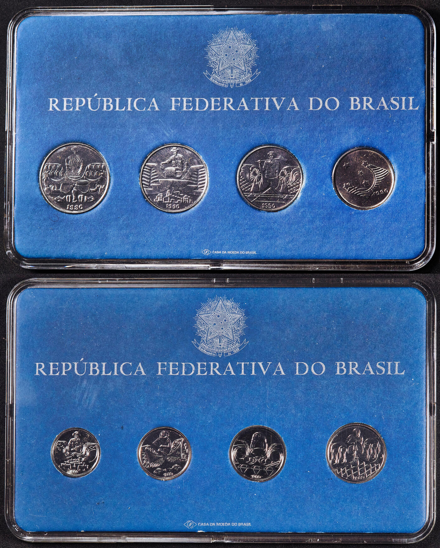 【俄甄集藏】2026年(049)03-18星期三 晚 19:30 全场包邮 巴西1989、1990年农业版1-50克鲁赛罗流通钢币4枚套，原封2套，带证，全新品相，本土越来越少的品种