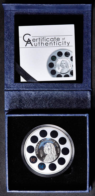 【俄甄集藏】2026年(049)03-18星期三 晚 19:30 全场包邮 - 库克群岛2014年纪念瑞典物理学家、天文学家、摄氏温度创始人安德斯·摄尔修斯逝世270周年5元精制彩绘大银币，原盒证，重31.1克，925银，发行量1744枚