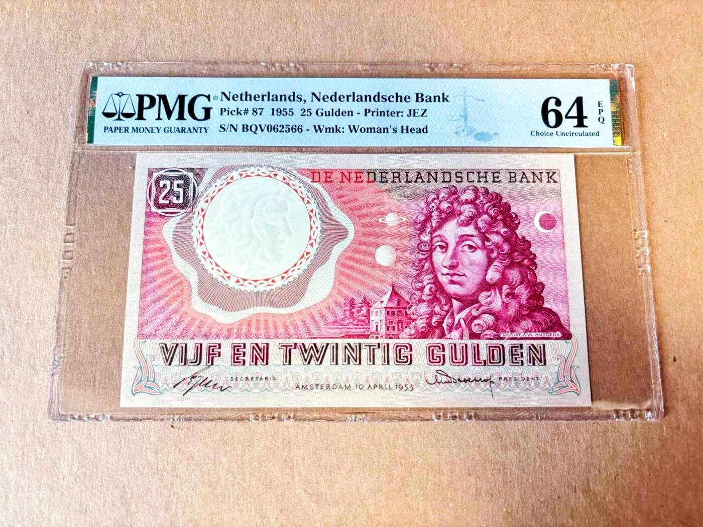 【Blue Auction】世界纸币精拍第793期——18级TOP拍卖/信誉/品质/专业/高效💫 【66尾无47】荷兰 1955年25盾 惠更斯 PMG64EPQ 