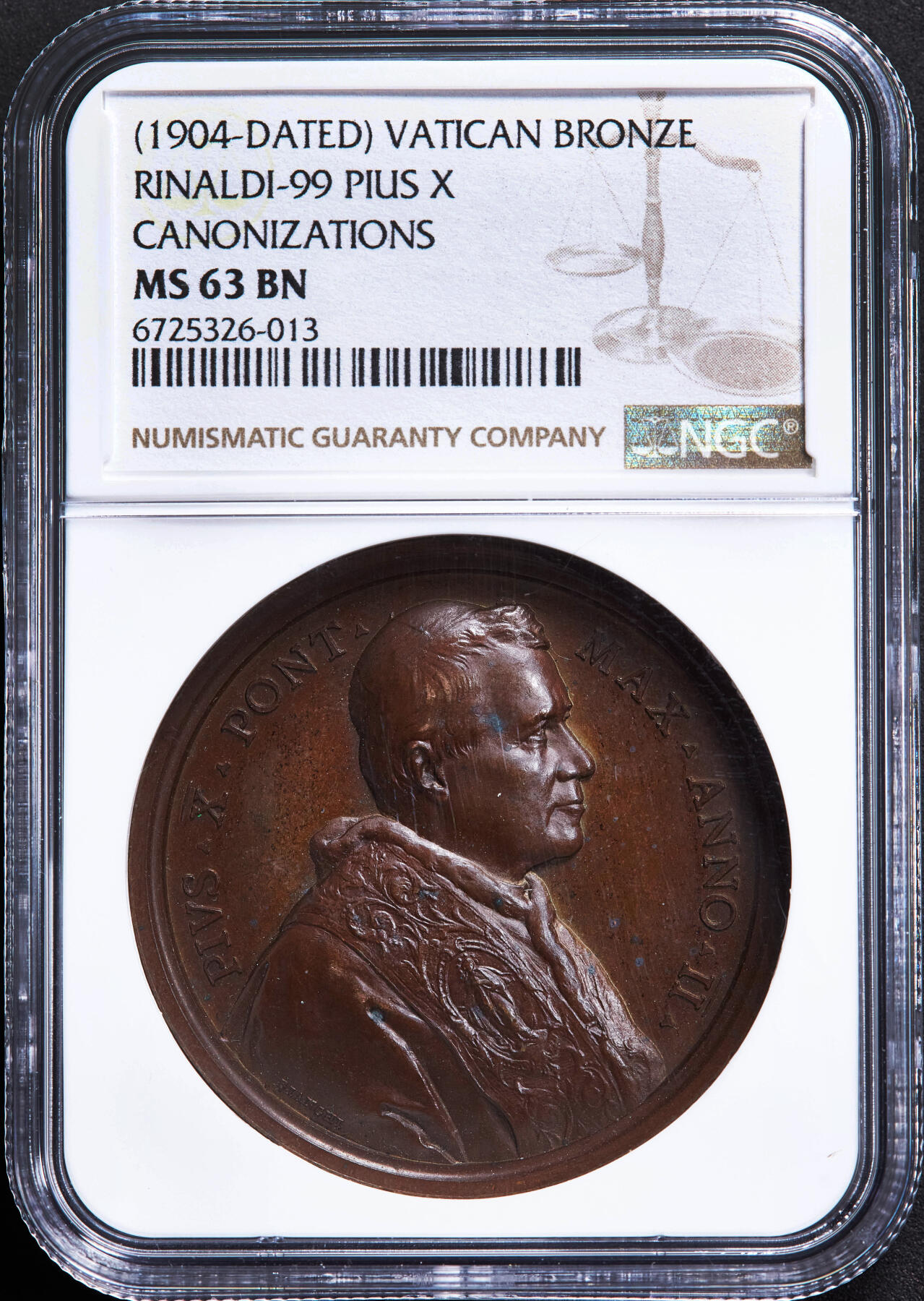 【俄甄集藏】2026年(049)03-18星期三 晚 19:30 全场包邮 梵蒂冈教皇国1904年纪念教皇庇护十世封圣大铜章，NGC MS63，巧克力包浆，高浮雕，少见品种