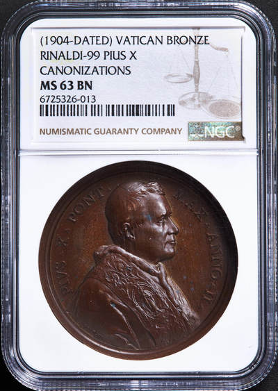 【俄甄集藏】2026年(049)03-18星期三 晚 19:30 全场包邮 - 梵蒂冈教皇国1904年纪念教皇庇护十世封圣大铜章，NGC MS63，巧克力包浆，高浮雕，少见品种