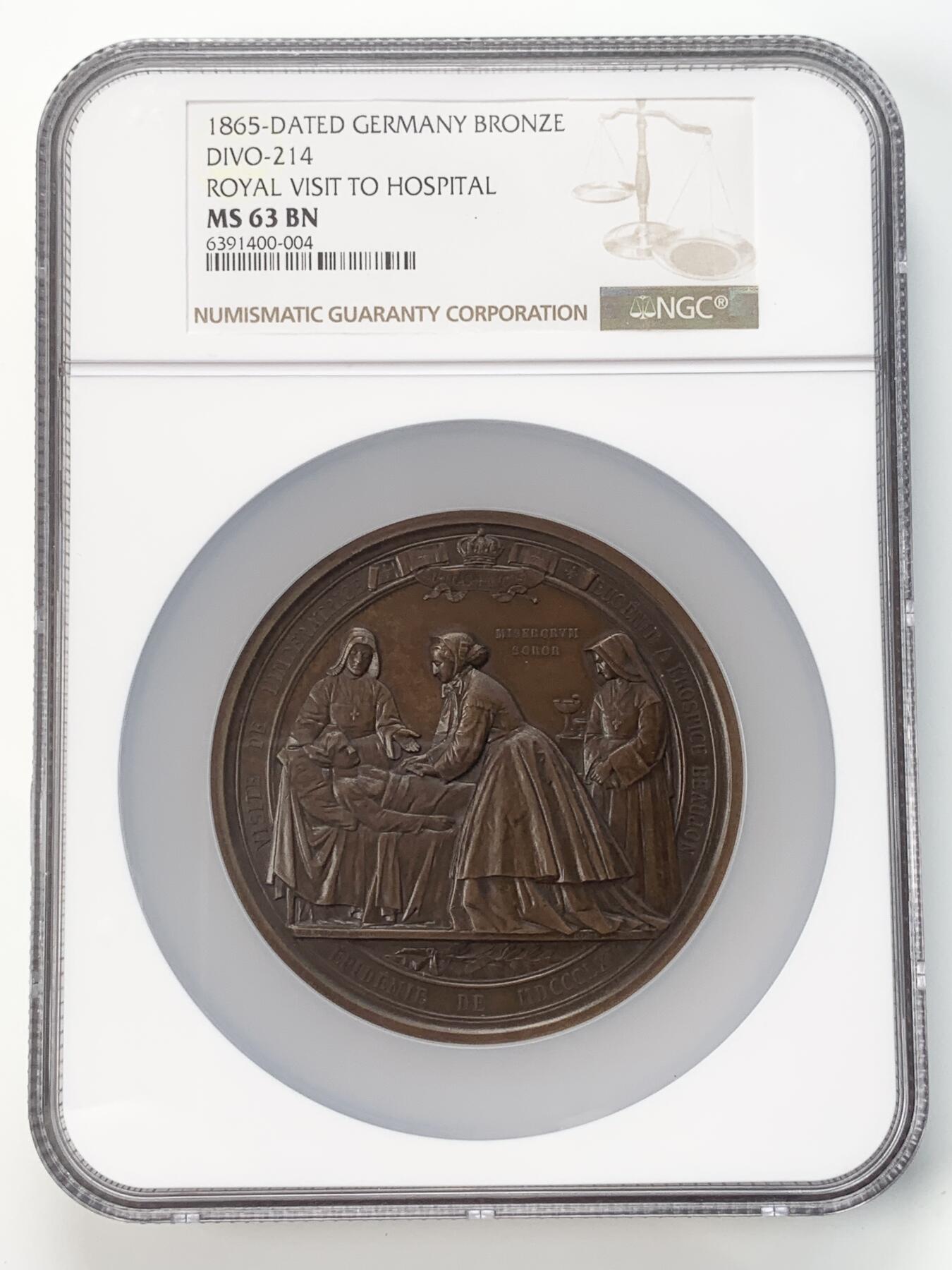掌中浮雕-藏着的欧洲第054场 NGC MS63 : 1865年法国巴黎霍乱流行期间拿破仑三世及皇后视察医院铜章，A. BORREL雕刻，74.6mm，原铸
