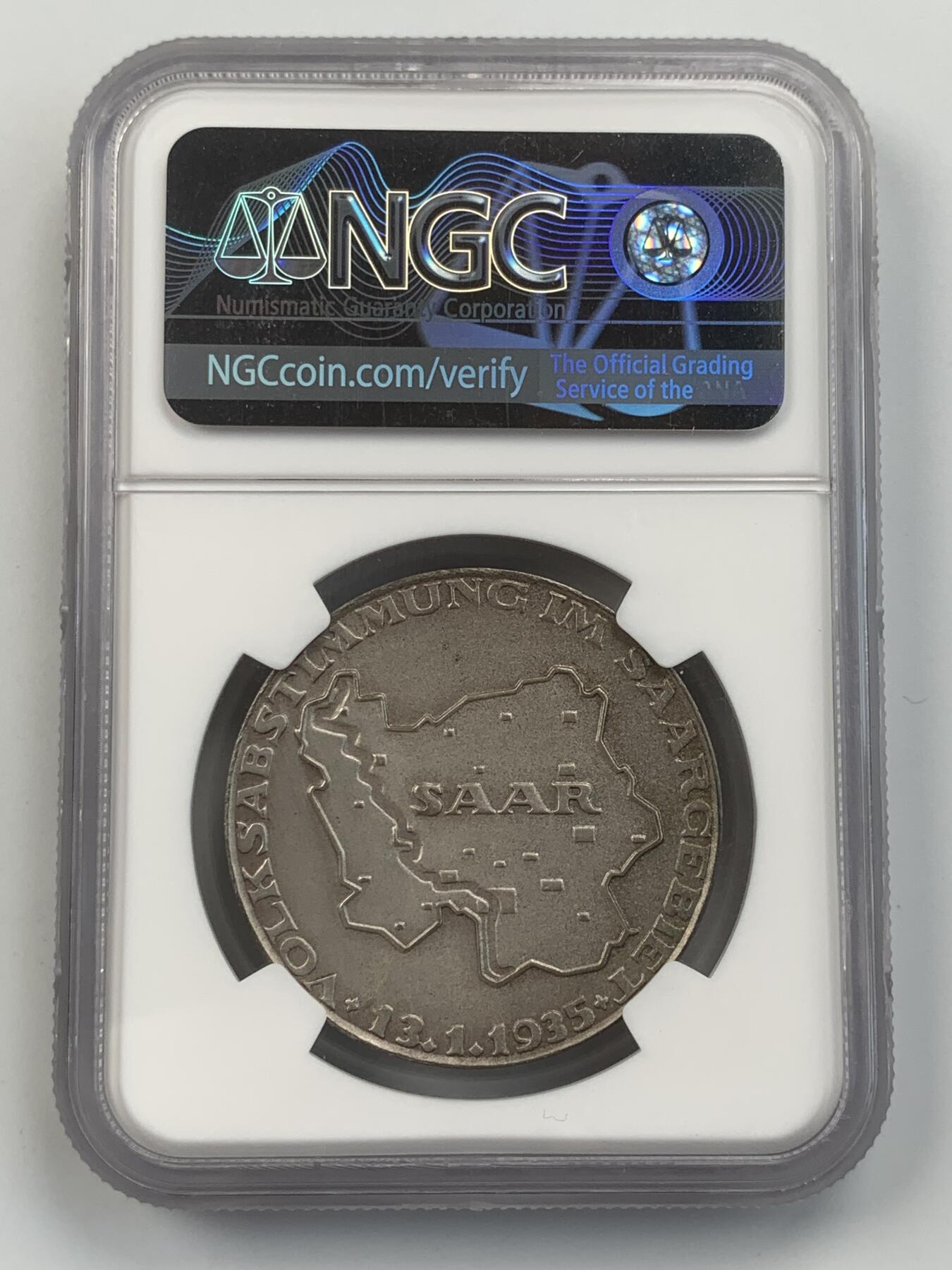 掌中浮雕-藏着的欧洲第054场 NGC MS63 : 1935年德国萨尔区公投纪念银章，36mm