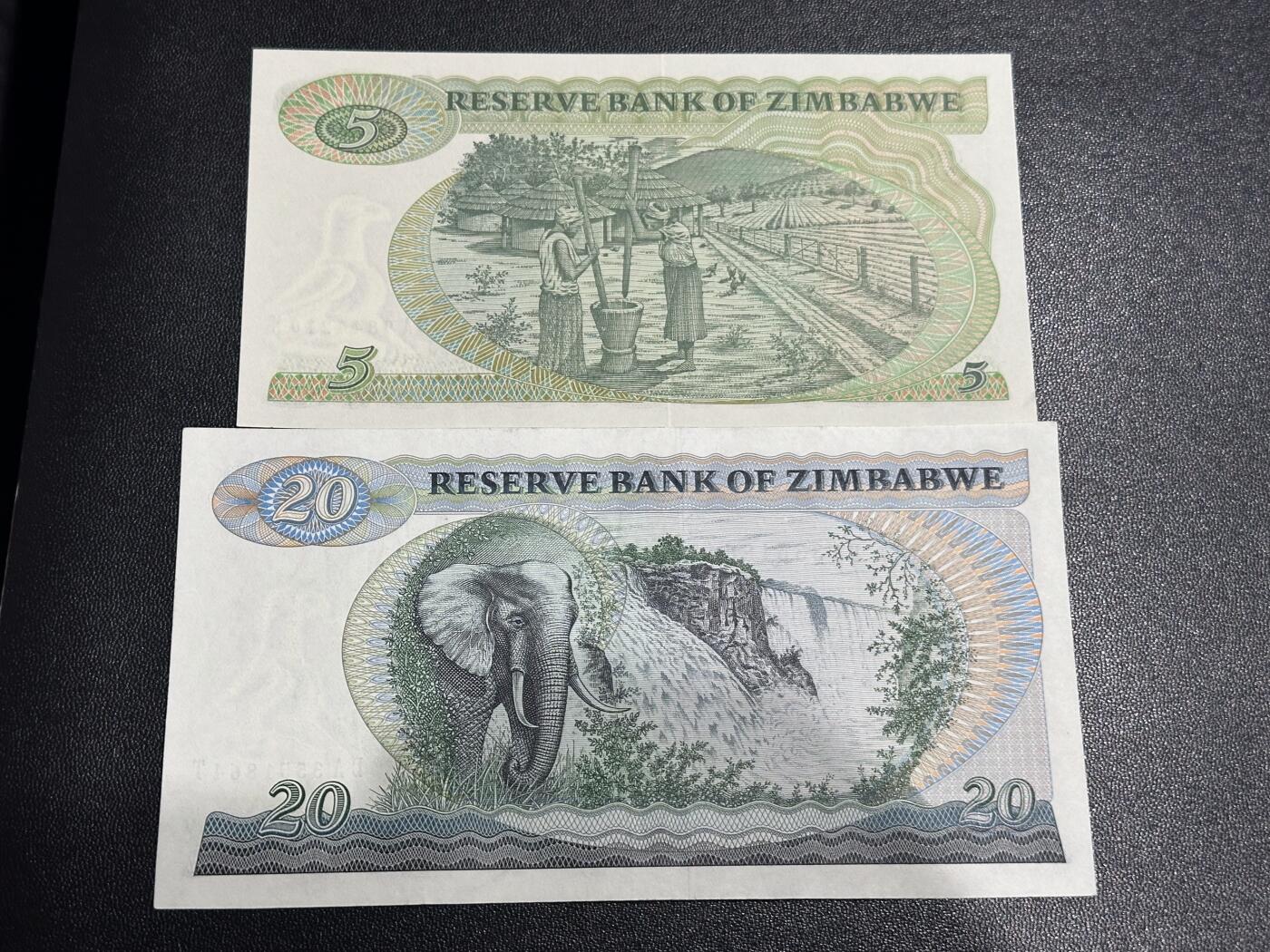 《外钞收藏家》第六百一十六期（精品场）（长期征集拍品、欢迎藏友们联系合作） 津巴布韦5元全新和20AU 2张一起