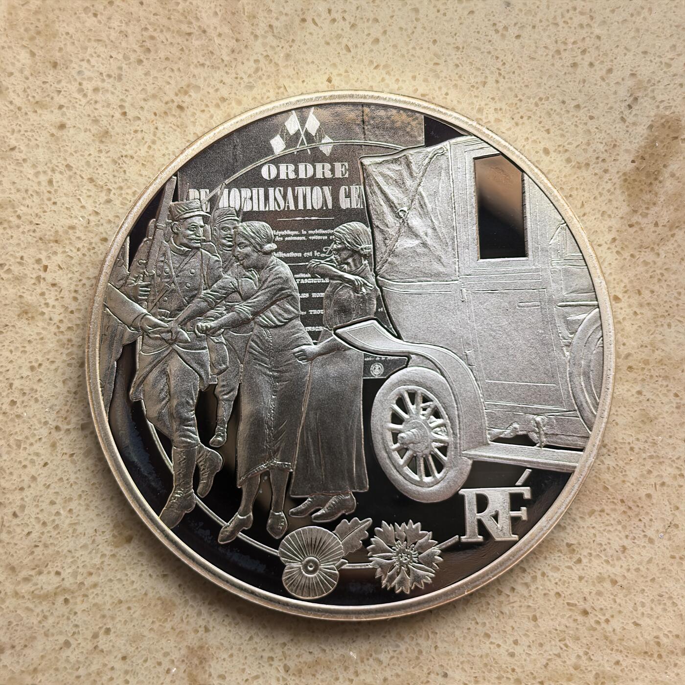 道一币馆币章第一百六十八场 盒破 原盒证 法国2014年马恩河出租车”参战百年10欧元精制银币  22.2g 900s 10000