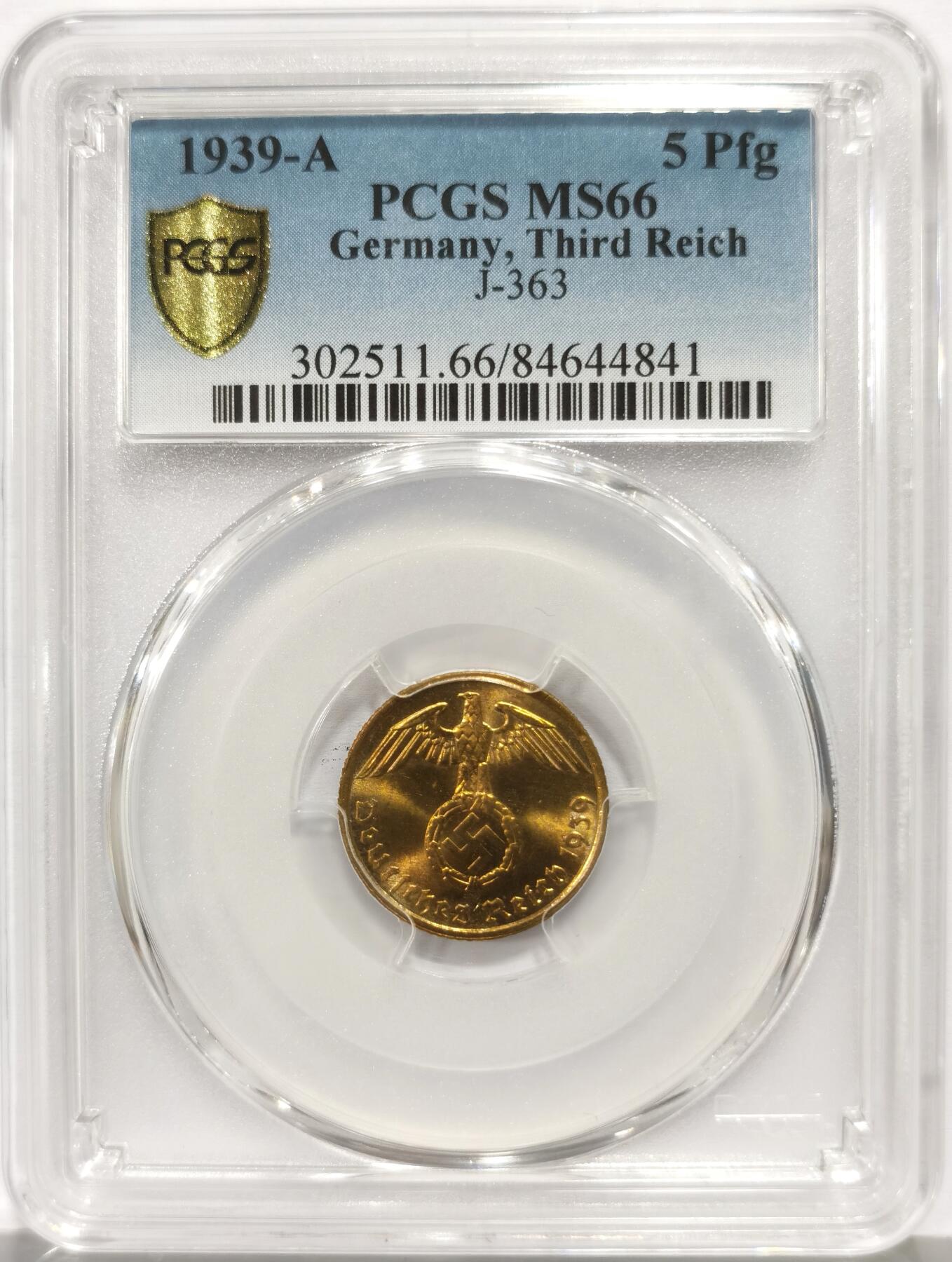 博洋堂世界钱币拍卖第164期（全场包邮） PCGS MS66 德国第三帝国1939年A版5芬尼铜币，极致高分，仅有3枚更高分，一枚毕业