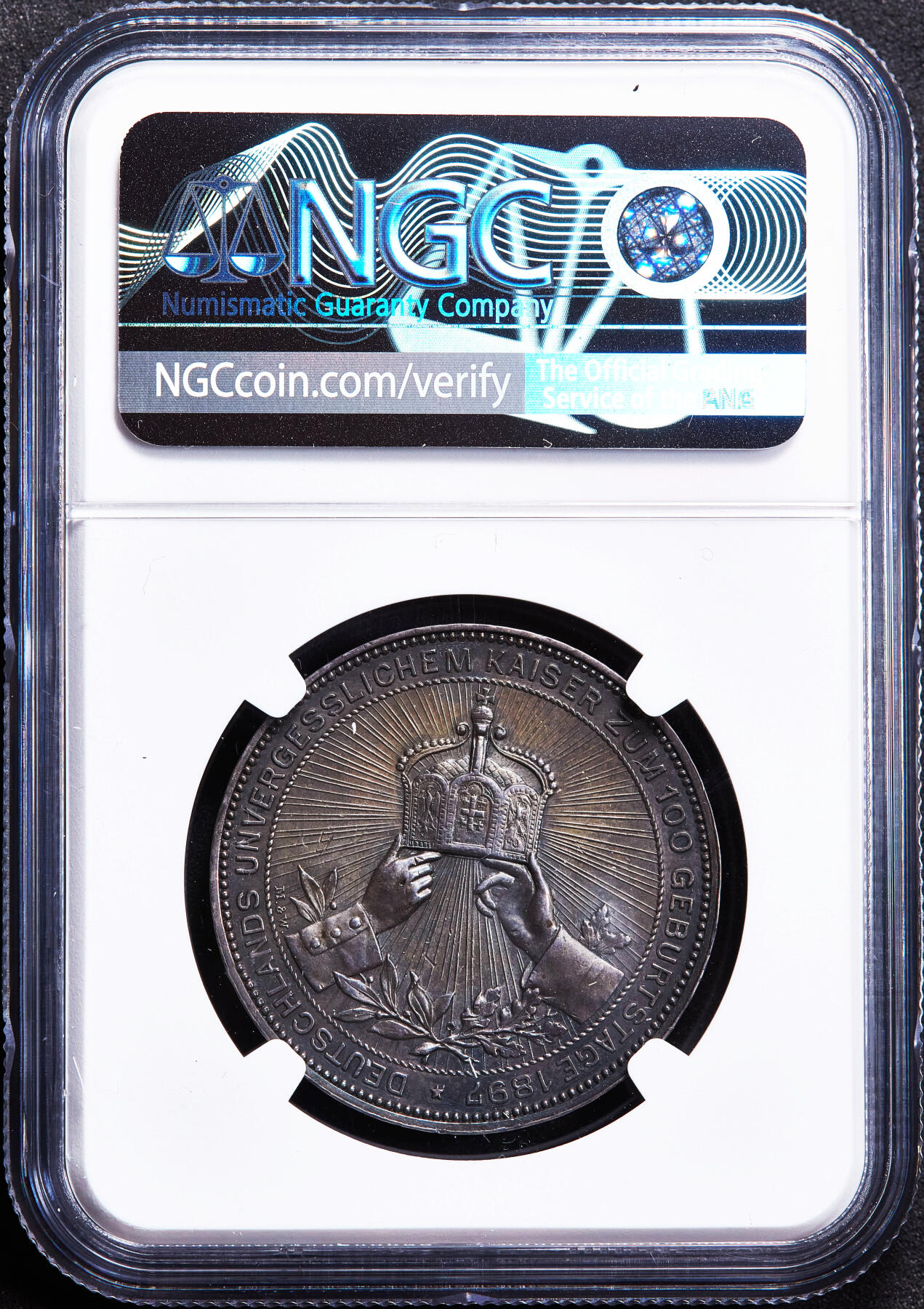 【俄甄集藏】2026年(049)03-18星期三 晚 19:30 全场包邮 德国1897年纪念国王威廉一世诞辰100周年银章，NGC AUD，酱彩包浆，设计精美