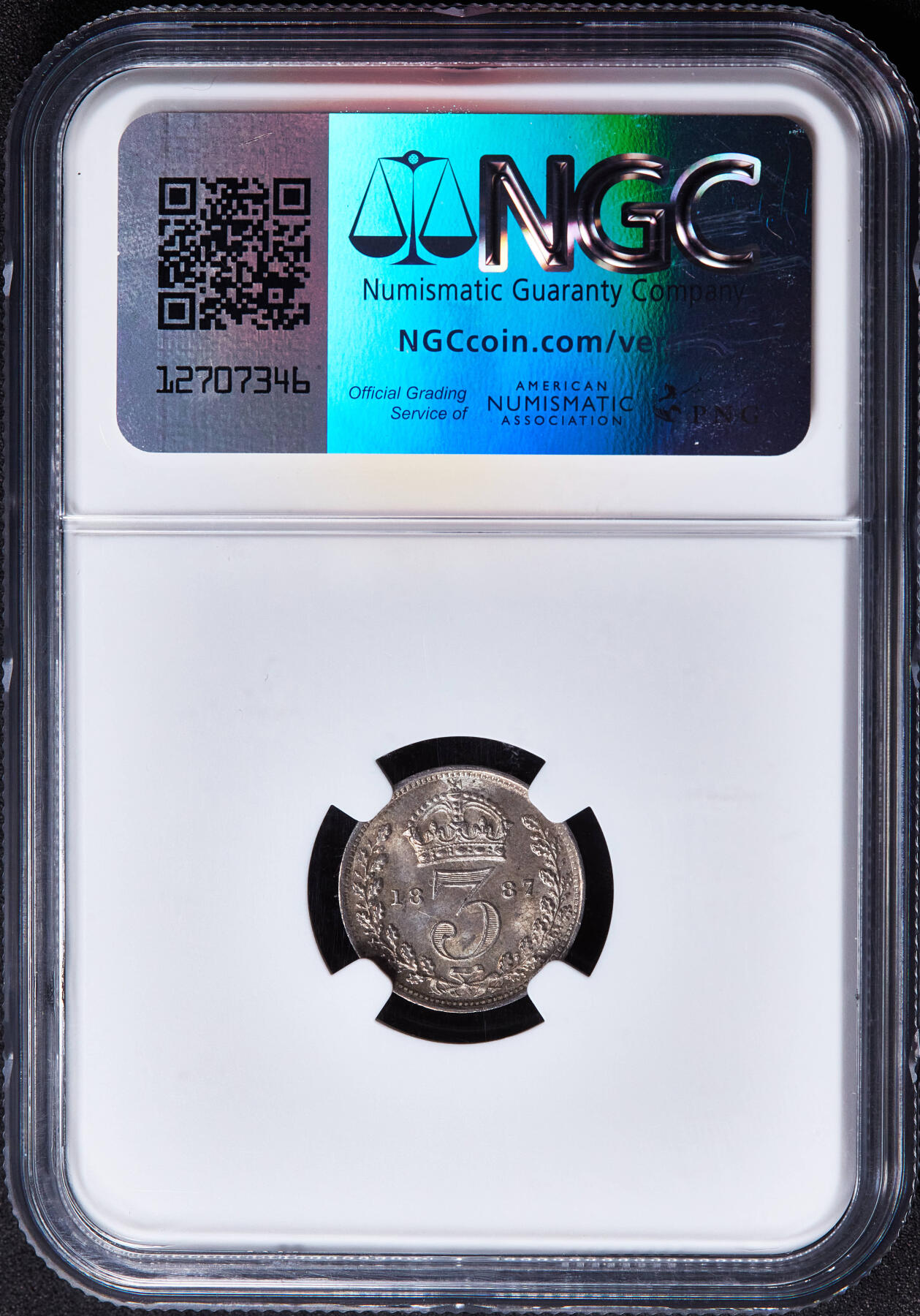 【俄甄集藏】2026年(049)03-18星期三 晚 19:30 全场包邮 英国1887年维多利亚高冠3便士银币，NGC MS62，黄油彩转光品相