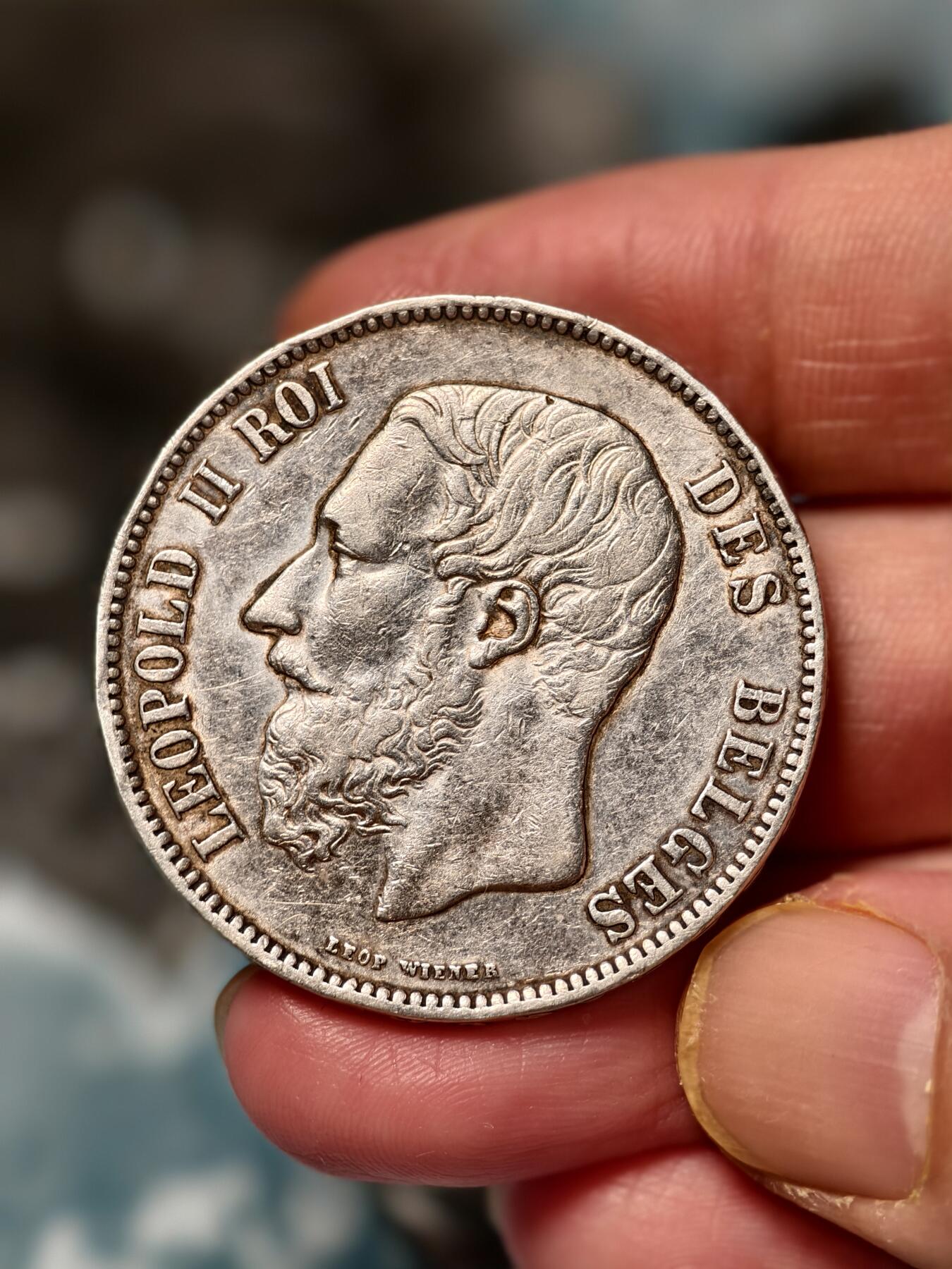 抚柳草堂-第十五期章牌钱币  奖章勋章限时免佣 满百包邮 放漏专场 1873比利时利奥波德二世5法郎大银币 比利时名家Wiener作品 重25g底板淡淡彩光