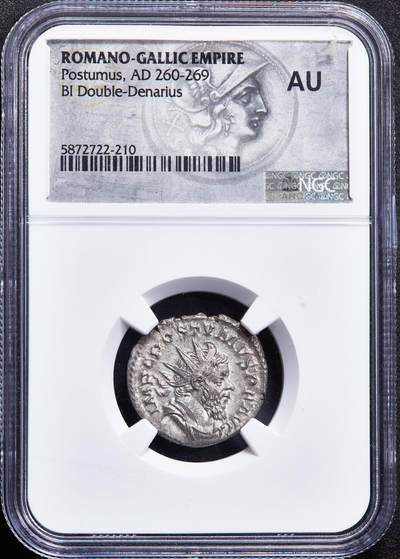 【俄甄集藏】2026年(049)03-18星期三 晚 19:30 全场包邮 - 古罗马高卢帝国公元262-263年波斯图穆斯双第纳尔财富女神银币，NGC AU，特殊标签，正面是波斯图穆斯戴芒冠头像，币文：最高统帅，波斯图穆斯，虔敬和幸运者，奥古斯都；背面手持钱袋与秤的财富女神，原味包浆，原光品相