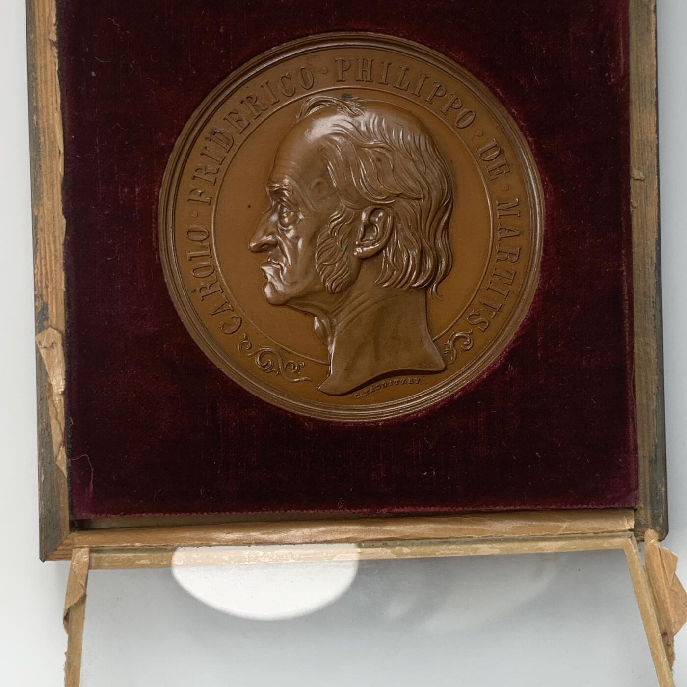 掌中浮雕-藏着的欧洲第054场 1864年植物学家马修斯获得博士学位50周年铜章 70mm，Radnitzky雕刻 , 木质双面玻璃罩盒子