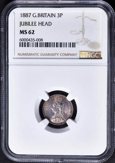 【俄甄集藏】2026年(049)03-18星期三 晚 19:30 全场包邮 - 英国1887年维多利亚高冠3便士银币，NGC MS62，黄油五彩转光品相