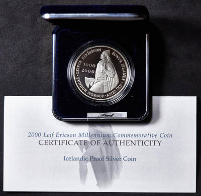 【俄甄集藏】2026年(049)03-18星期三 晚 19:30 全场包邮 - 冰岛2000年纪念维京探险家莱夫·埃里克松发现美洲1000年1000克朗精制大银币，原盒证，美国费城造币厂代铸，重27.73克，900银，发行量150000枚