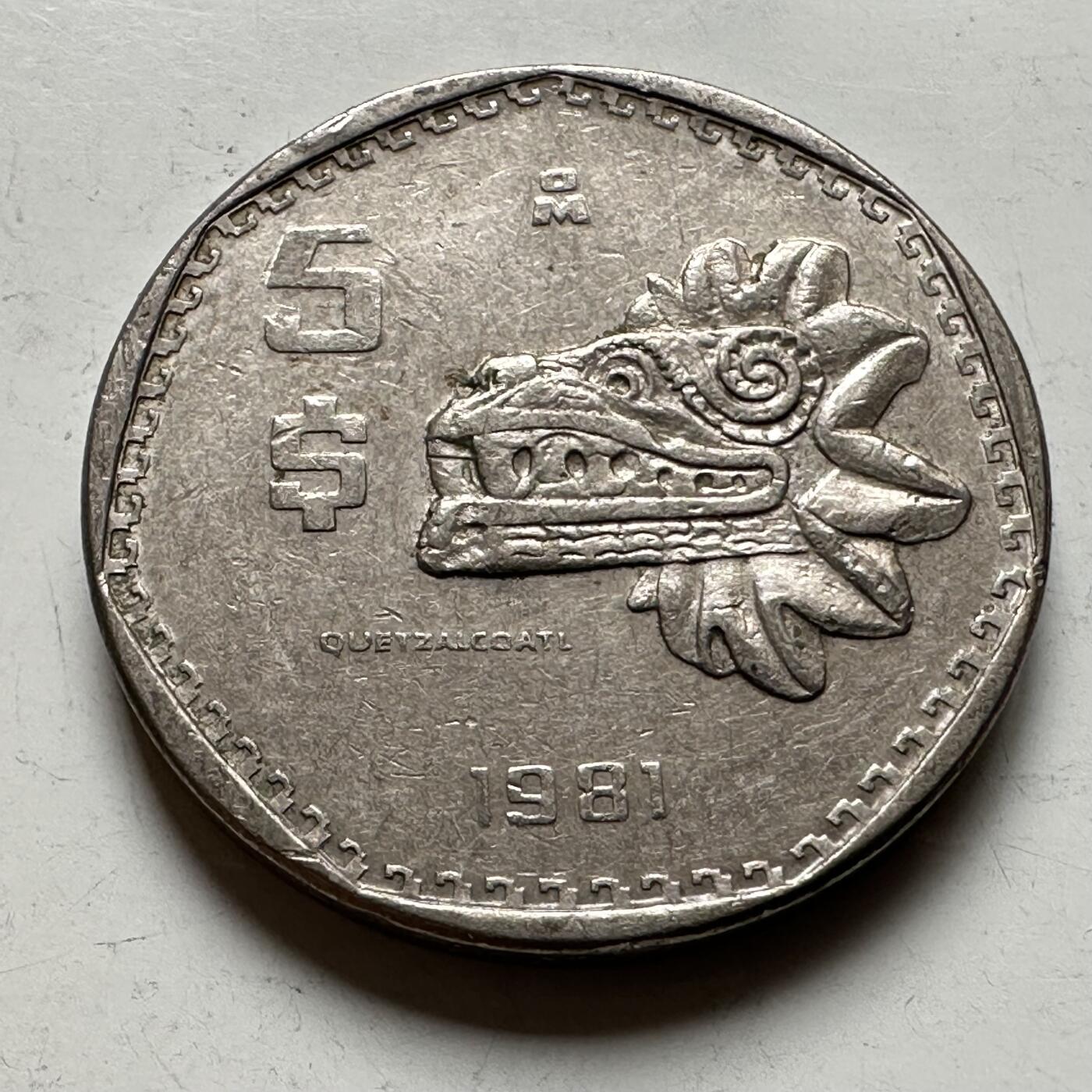 🌹外币初藏🌹🐯2026年第27场   每周二四六晚8️⃣点 接代拍 墨西哥 1981年 5比索铜镍币（羽蛇神）
