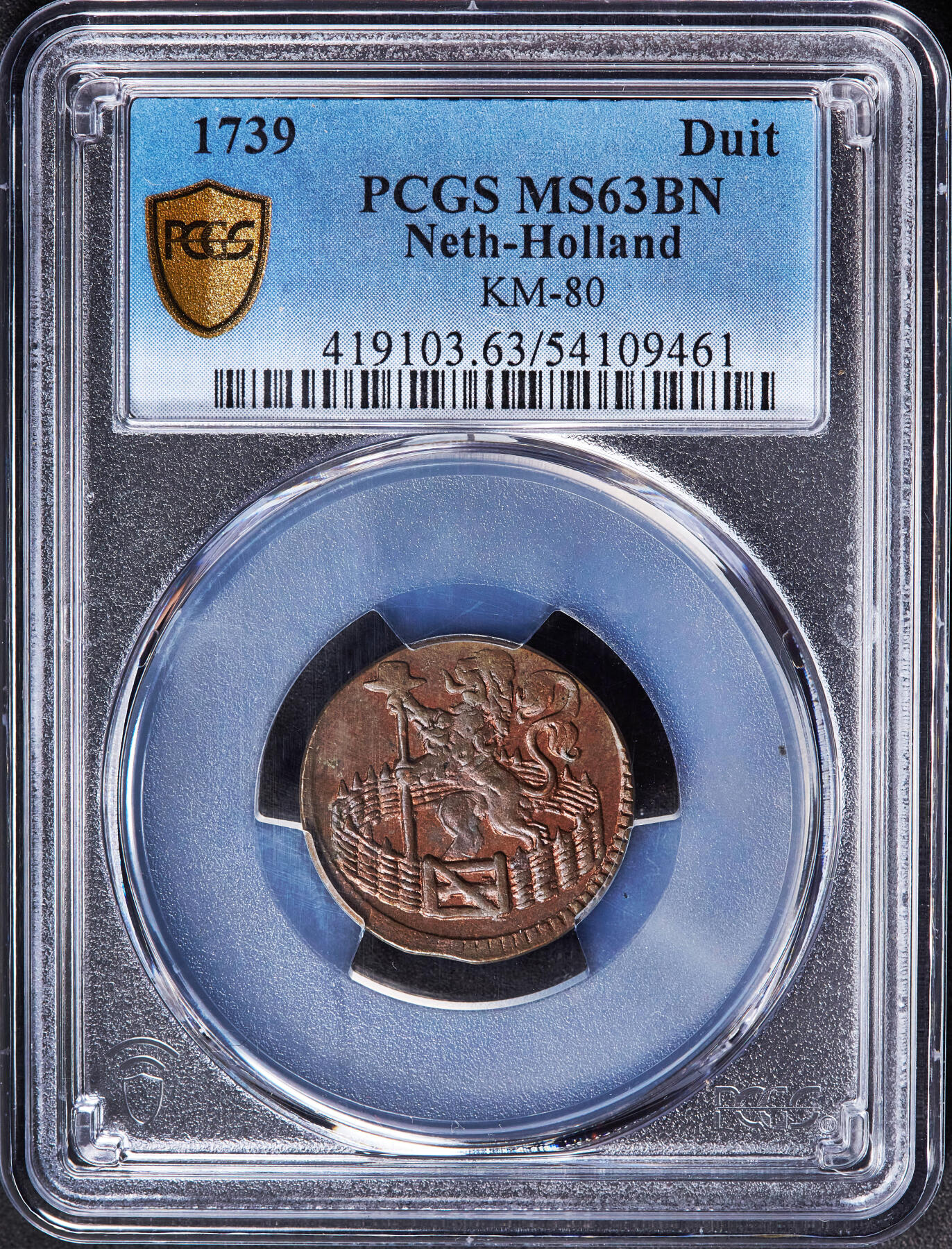 【俄甄集藏】2026年(049)03-18星期三 晚 19:30 全场包邮 尼德兰共和国1739年荷兰省1杜伊特狮子铜币，PCGS MS63，巧克力包浆，原光品相，当时最小面值货币