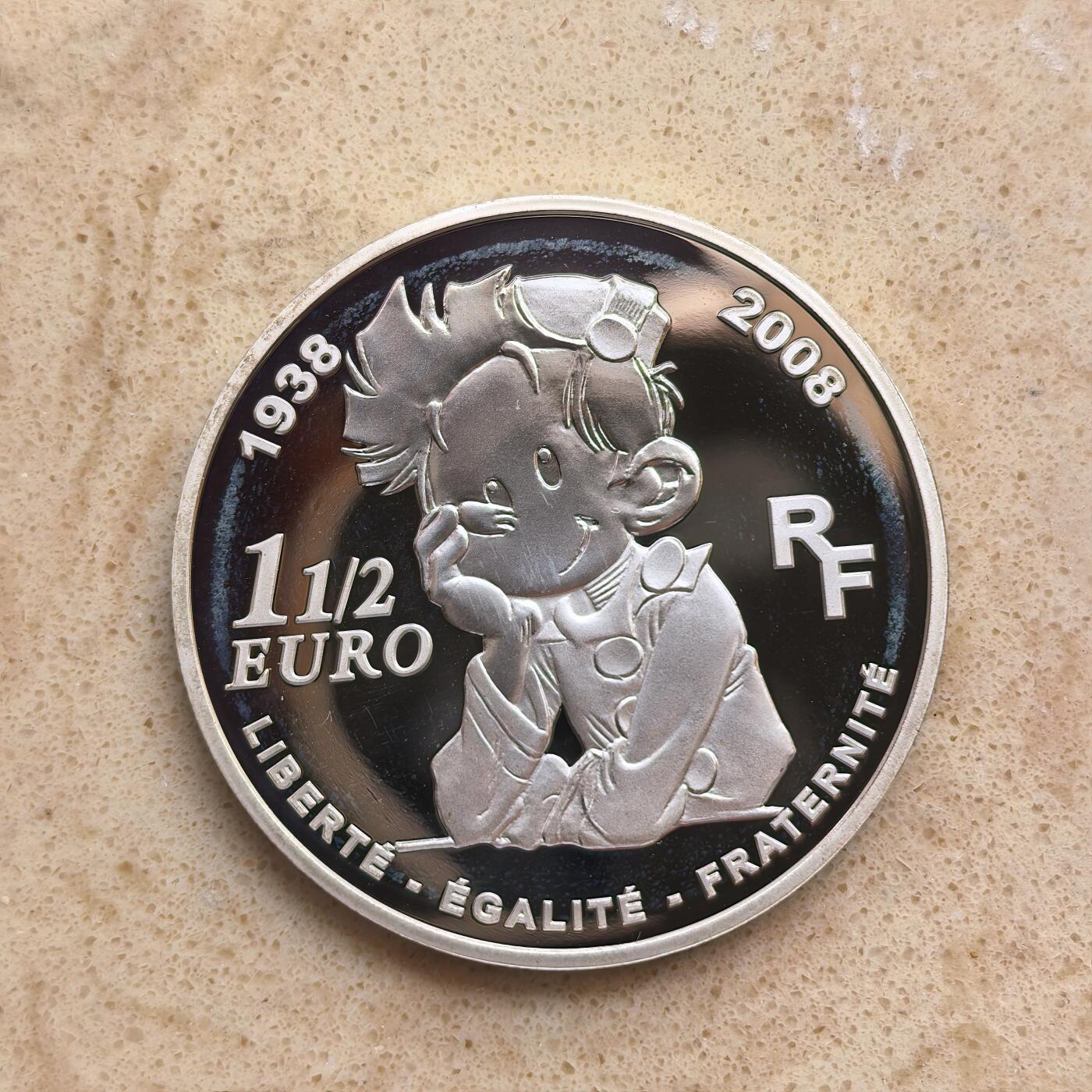 道一币馆币章第一百六十八场 原盒证 法国2008年皮小子斯皮鲁70周年1.5欧元精制银币 22.2g 900s 10000