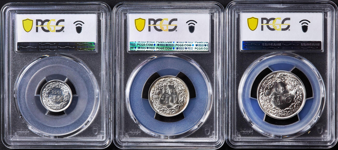 【俄甄集藏】2026年(049)03-18星期三 晚 19:30 全场包邮 瑞士1964-1966年1/2、1、2法郎银币高分3枚一组，PCGS MS67，顶级转光品相