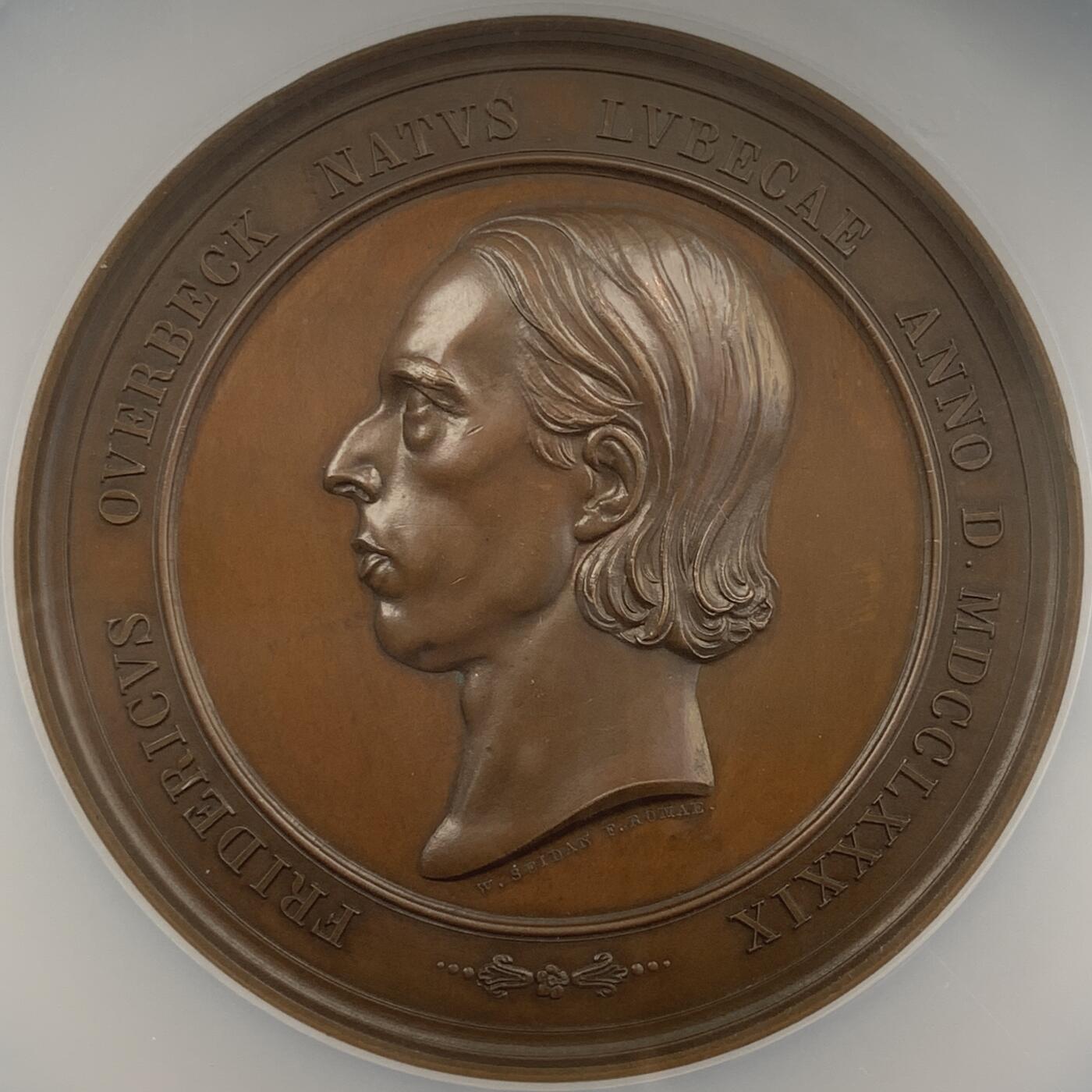 掌中浮雕-藏着的欧洲第054场 NGC MS65 : 1847年画家弗里德里希·奥弗贝克铜章，67mm，边铭：手指CUIVRE，奥地利的雕刻师Seidan雕刻，法国造币厂铸造