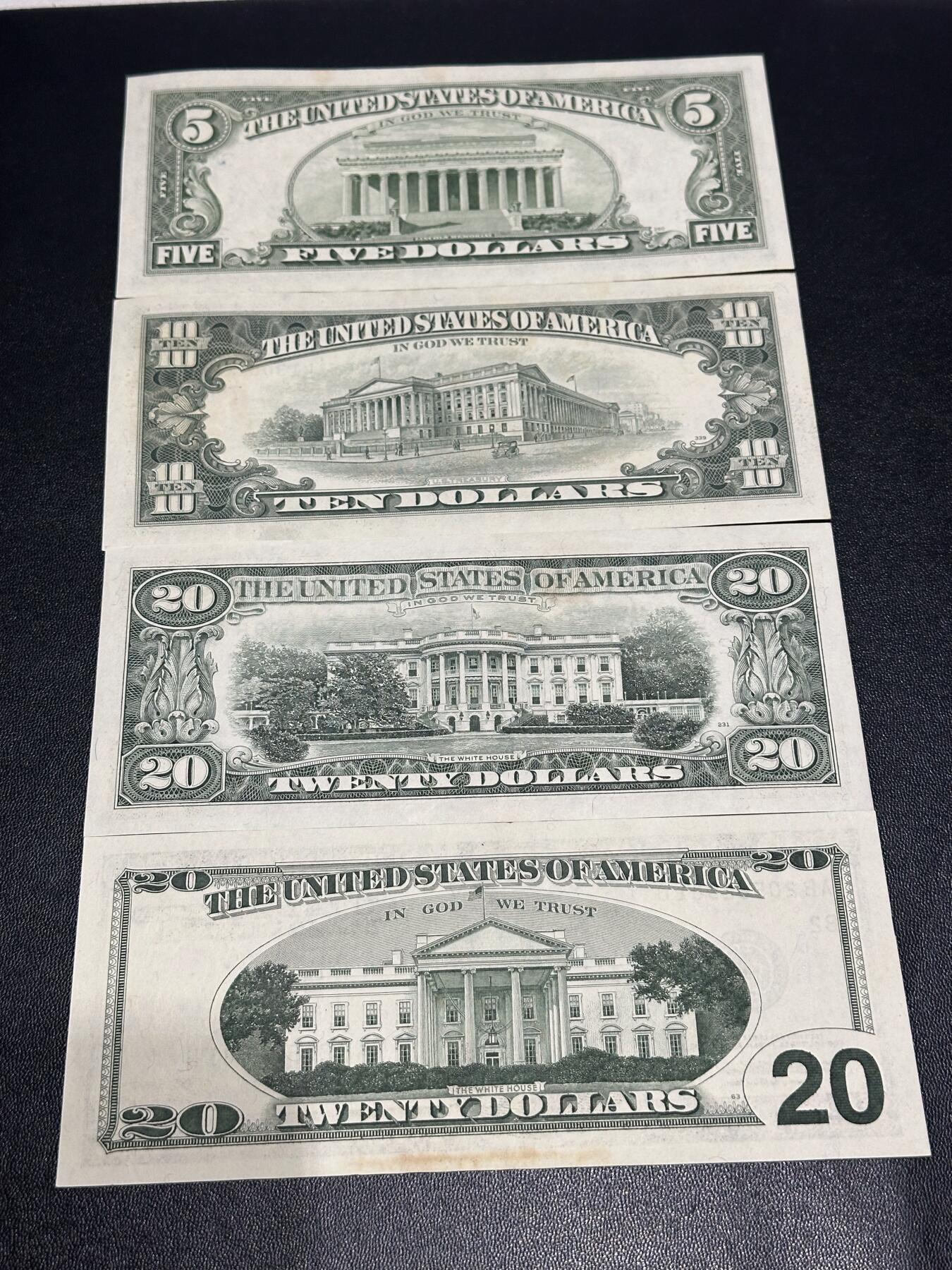 《外钞收藏家》第六百一十六期（精品场）（长期征集拍品、欢迎藏友们联系合作） 美国小头版5、10、20美元 全新轻微潮+大头版20美元AU 四张一起