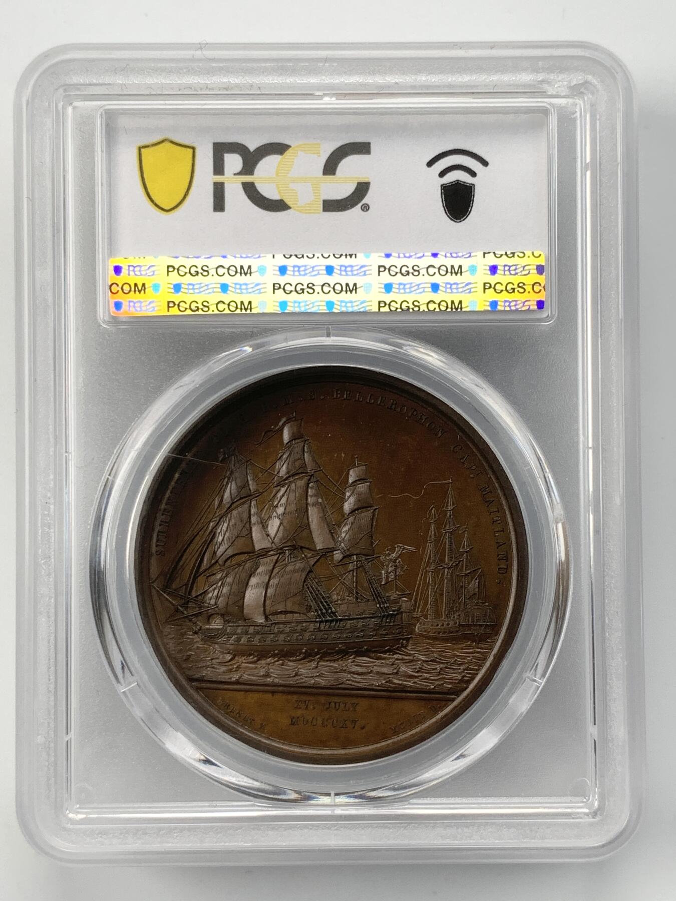 掌中浮雕-藏着的欧洲第054场 PCGS SP65 : 1815年拿破仑于柏勒洛丰号战列舰上投降，41mm, PCGS冠军分