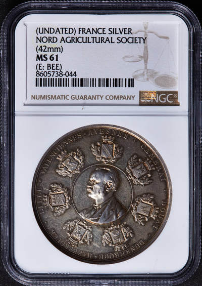 【俄甄集藏】2026年(049)03-18星期三 晚 19:30 全场包邮 - 法国19世纪中期北部农业协会镀金大银章，NGC MS61，高浮雕，稀少品种，蜜蜂铭，直径42mm