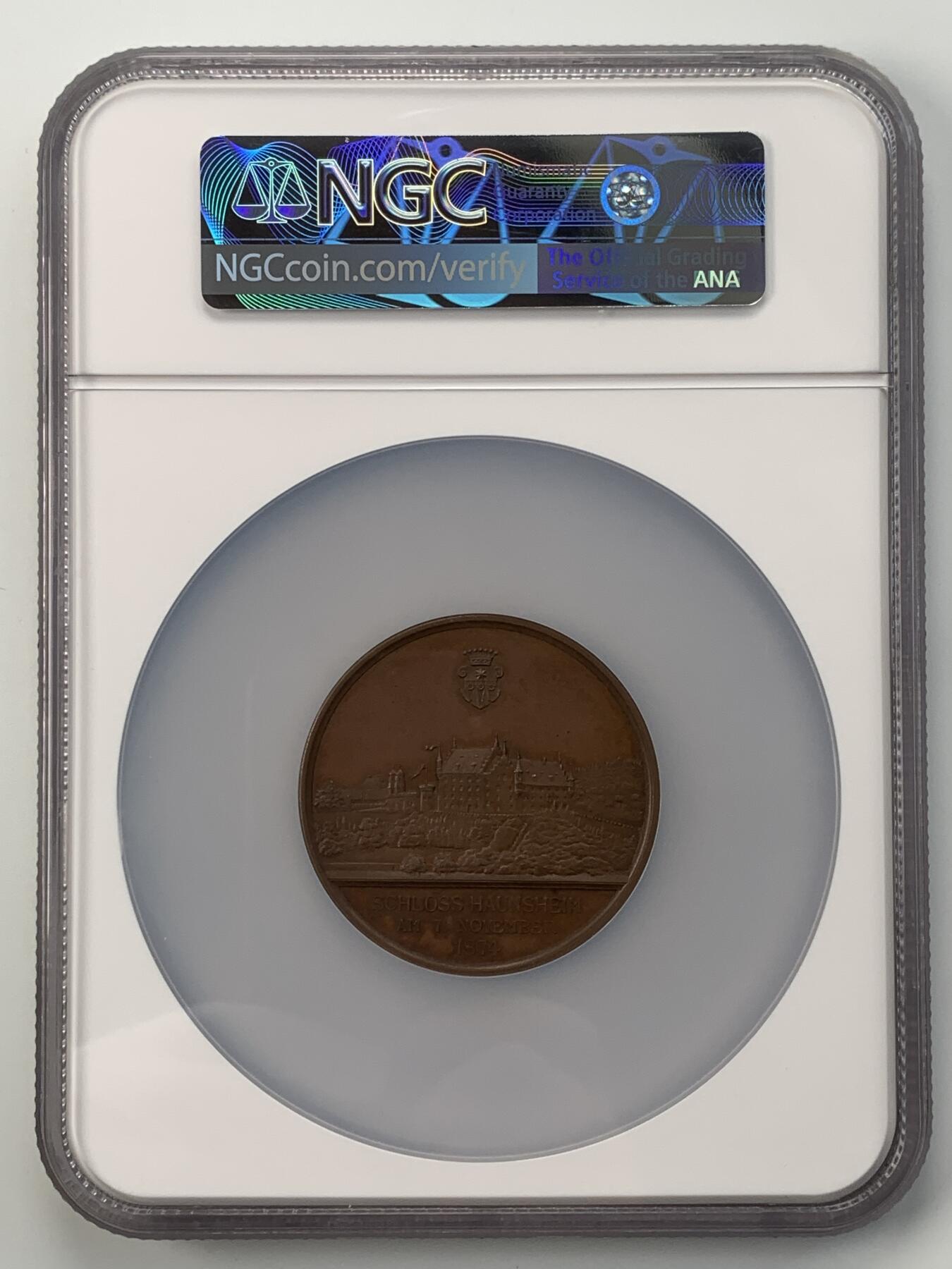 掌中浮雕-藏着的欧洲第054场 NGC MS63 : 1874年德国巴伐利亚豪恩斯海姆城堡纪念铜章 ，A. Börsch雕刻，50mm