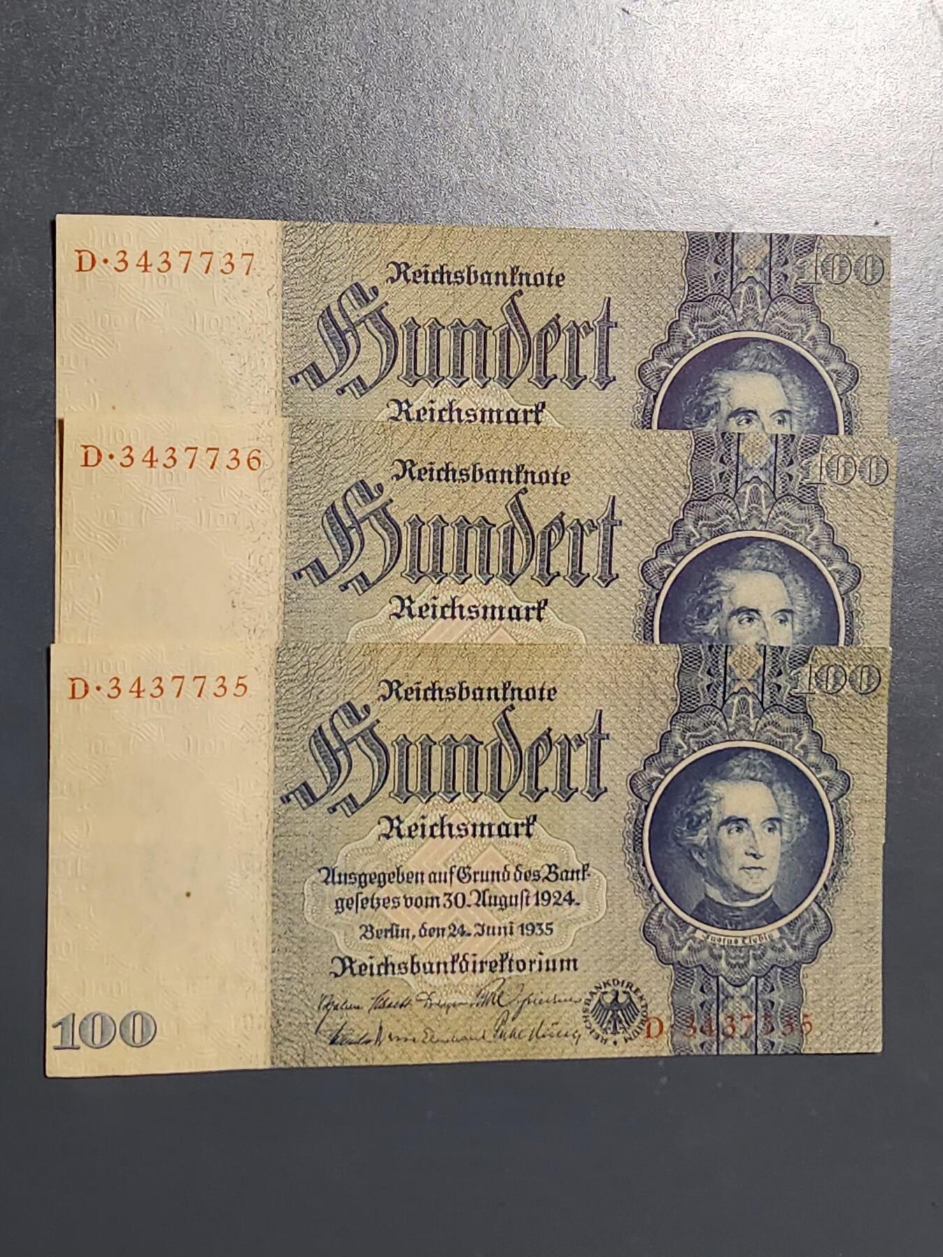 3月10号晚上8点 外国纸币自动截拍第36场 德国100马克新品3连号