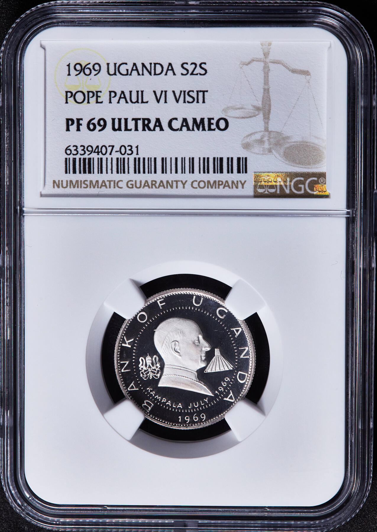 【俄甄集藏】2026年(049)03-18星期三 晚 19:30 全场包邮 乌干达1969年纪念教皇保罗六世访问2先令精制银币，NGC PF69UC，重4克，999银，发行量8170枚