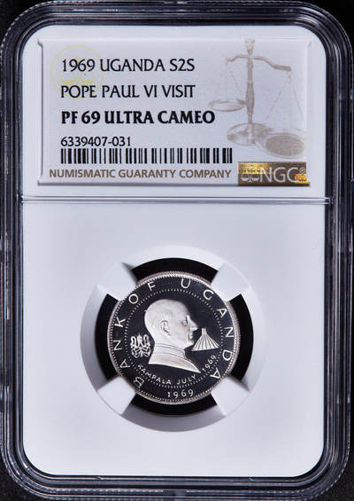 【俄甄集藏】2026年(049)03-18星期三 晚 19:30 全场包邮 - 乌干达1969年纪念教皇保罗六世访问2先令精制银币，NGC PF69UC，重4克，999银，发行量8170枚，唯一冠军分