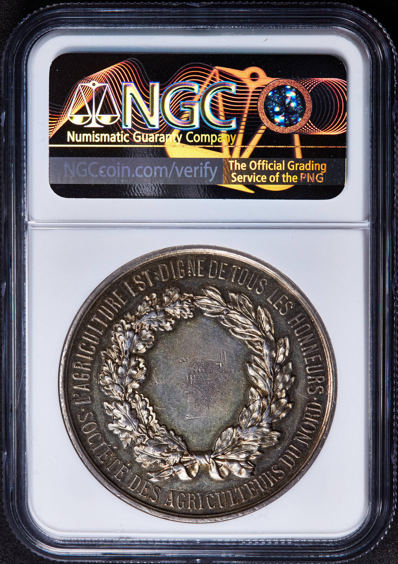 【俄甄集藏】2026年(049)03-18星期三 晚 19:30 全场包邮 法国19世纪中期北部农业协会镀金大银章，NGC MS61，高浮雕，稀少品种，蜜蜂铭，直径42mm