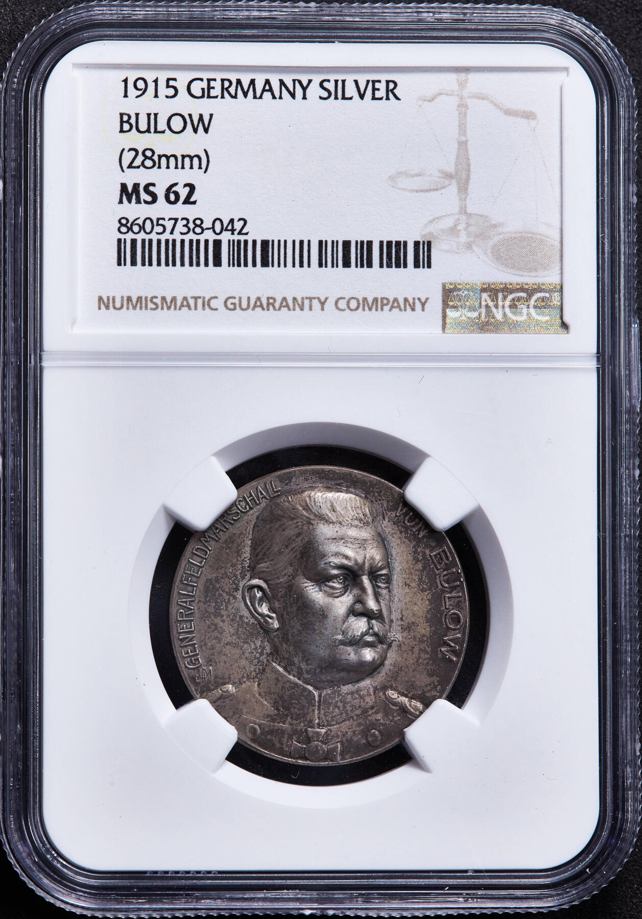 【俄甄集藏】2026年(049)03-18星期三 晚 19:30 全场包邮 德国1915年纪念一战陆军元帅卡尔·冯·比洛银章，NGC MS62，酱彩老包浆，高浮雕，少见品种