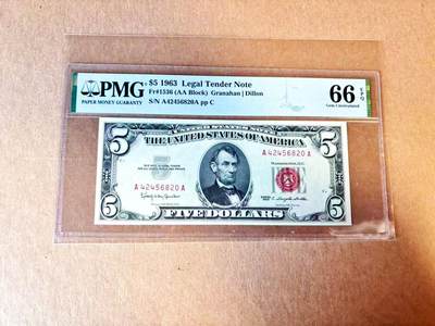 【Blue Auction】世界纸币精拍第793期——18级TOP拍卖/信誉/品质/专业/高效💫 - 【AA】美国 1963年5美金 PMG66EPQ 
