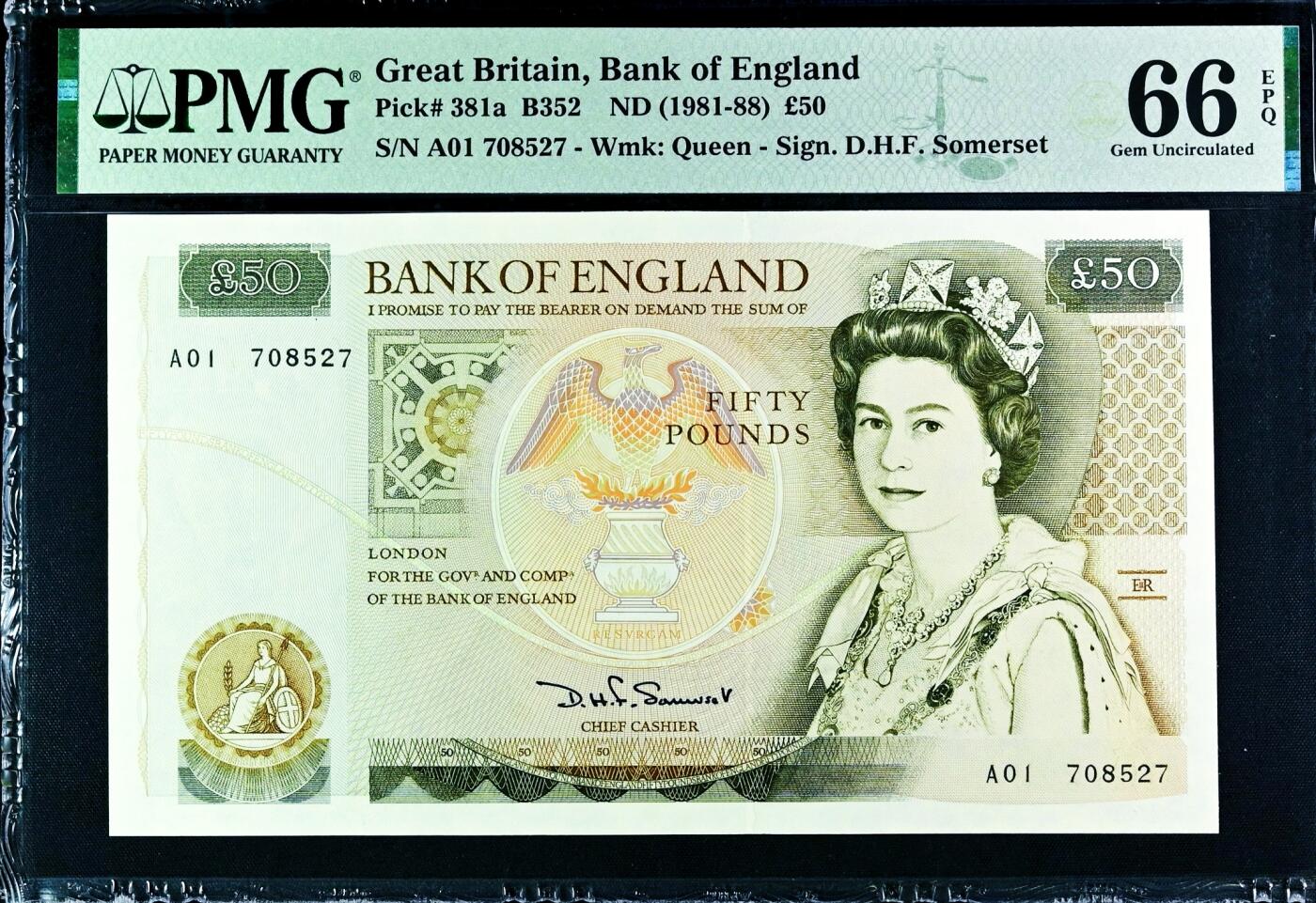 【Blue Auction】世界纸币精拍第793期——18级TOP拍卖/信誉/品质/专业/高效💫 【a版A01首发冠】英国 1981-88年50镑 PMG66EPQ