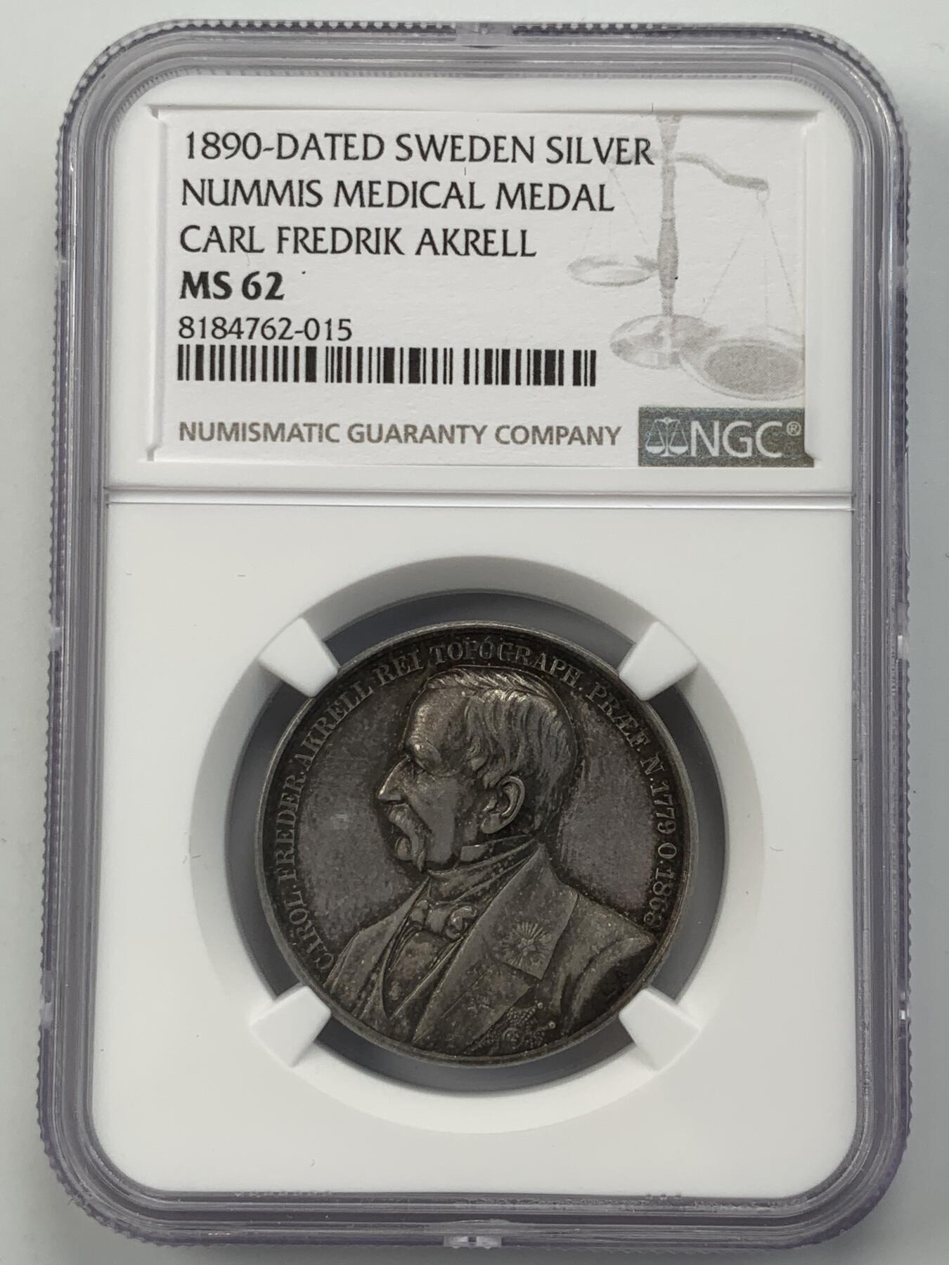 掌中浮雕-藏着的欧洲第054场 NGC MS62 : 1890年瑞典（瑞典医生卡尔·弗雷德里克·阿克雷尔）医学银章，31mm；L. Ahlborn雕刻；