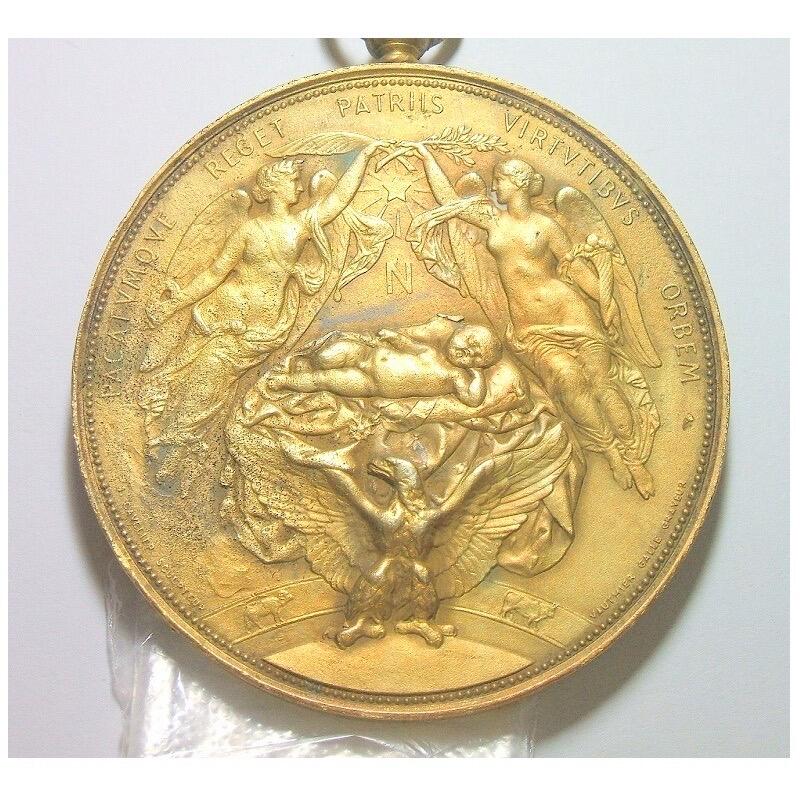 【艺术】法国艺术大章1856年 拿破仑三世儿子四世出生 高浮雕精制超大镀金章 75MM 156克 鎏金工艺（蘸金水）金层要厚