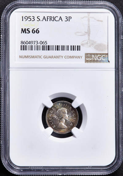 【俄甄集藏】2026年(049)03-18星期三 晚 19:30 全场包邮 - 英属南非1953年伊拉莎白二世3便士银币，NGC MS66，五彩包浆，转光品相