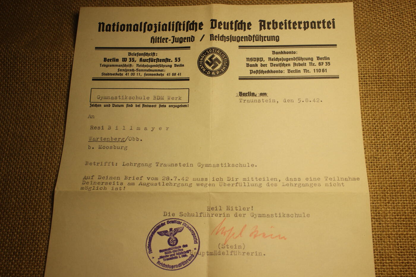 2026.3.14德系主题拍卖 德三希特勒青年团分支机构德国少女联盟发出的通知函，内容大意是因故取消日常训练，1942年8月5日，年代久远纸张略有痕迹。