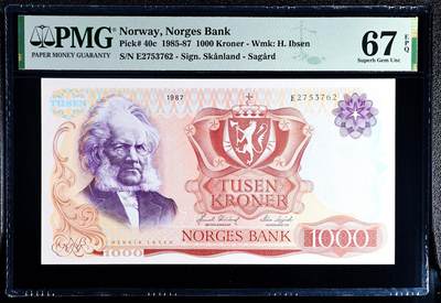 【Blue Auction】世界纸币精拍第793期——18级TOP拍卖/信誉/品质/专业/高效💫 - 【冠军分】挪威 1987年1000克朗 易卜生 PMG67EPQ 高分 设计精美 