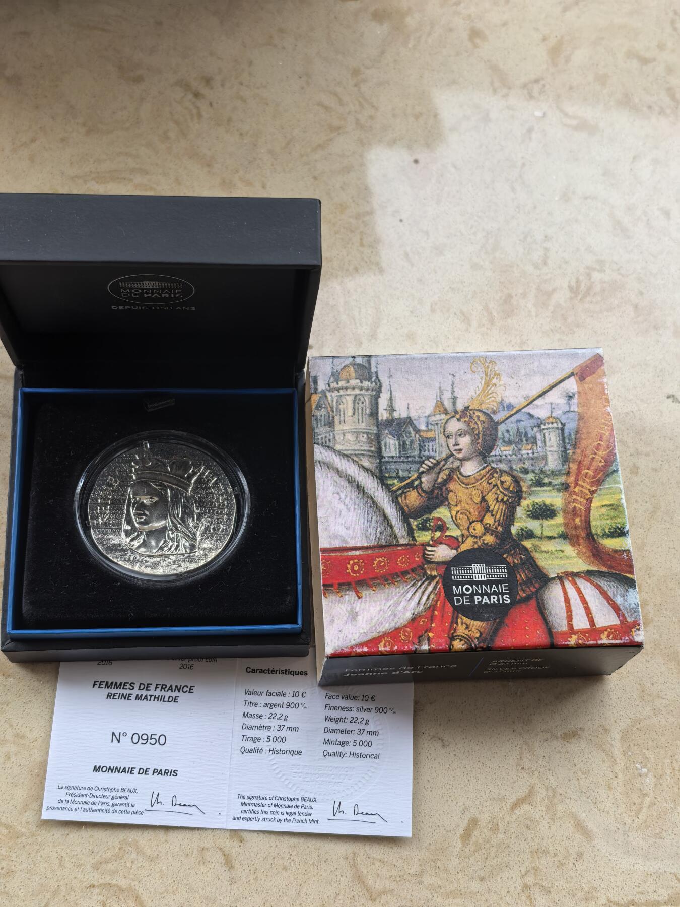 道一币馆币章第一百六十八场 原盒证 法国2016年历史上的女英雄-玛蒂尔德王后10欧元复古银币 22.2g 900s 5000