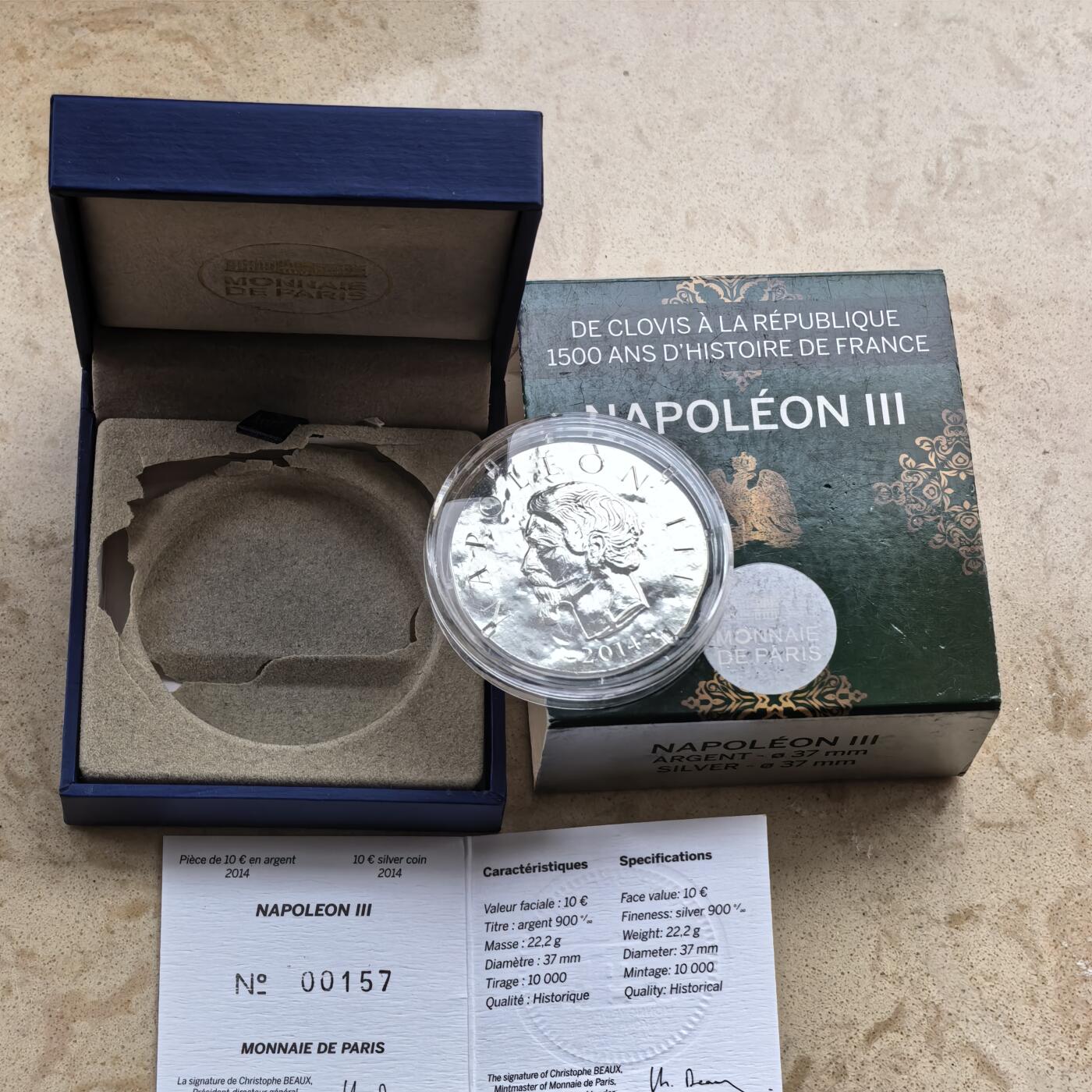 道一币馆币章第一百六十八场 原盒证 法国2014年历代帝王-拿破仑三世10欧元复古银币  22.2g 900s 10000