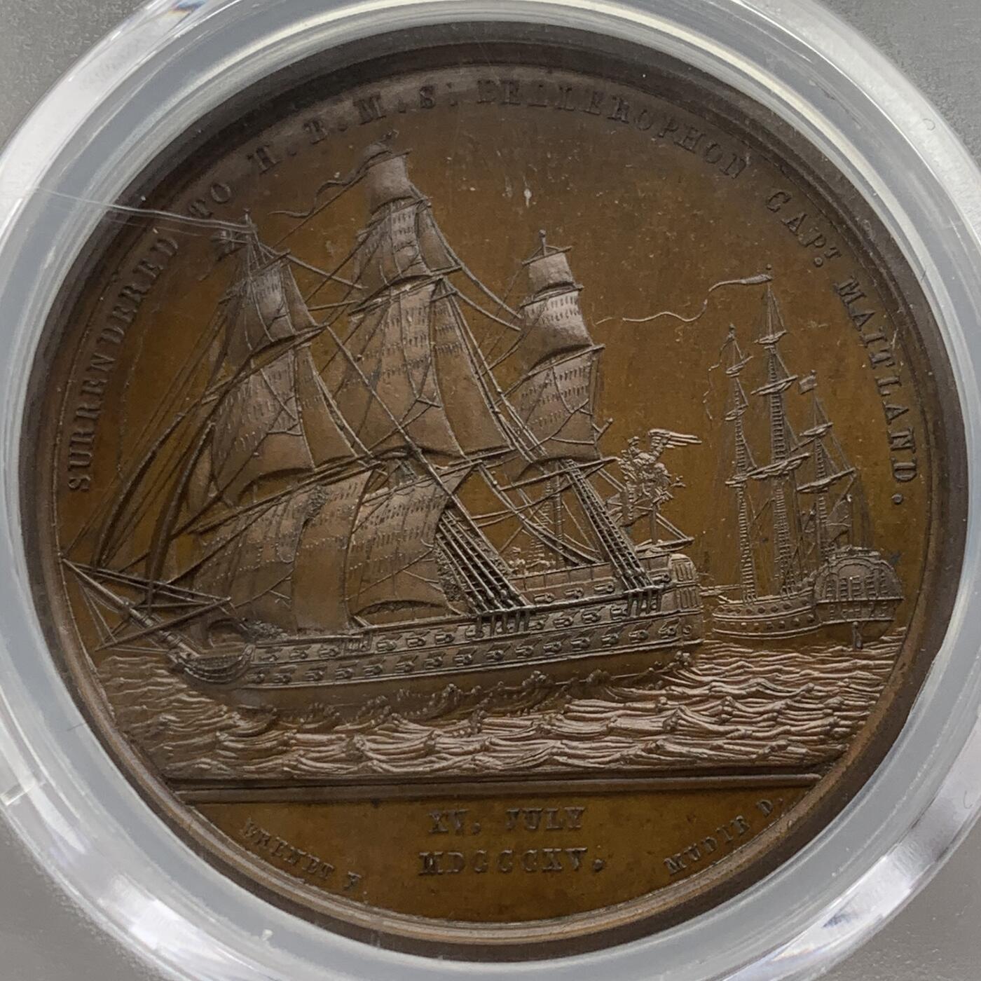 掌中浮雕-藏着的欧洲第054场 PCGS SP65 : 1815年拿破仑于柏勒洛丰号战列舰上投降，41mm, PCGS冠军分