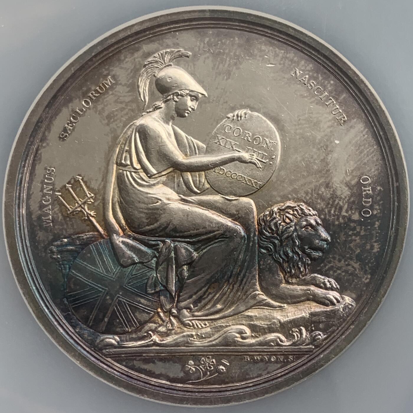 掌中浮雕-藏着的欧洲第054场 NGC MS61 : 1821年乔治四世加冕银章，51mm ,原盒，稀少品种，正面是小托马斯.怀恩1817年遗作，背面本杰明.怀恩雕刻，SBP同款PCGS SP61成交价840美金