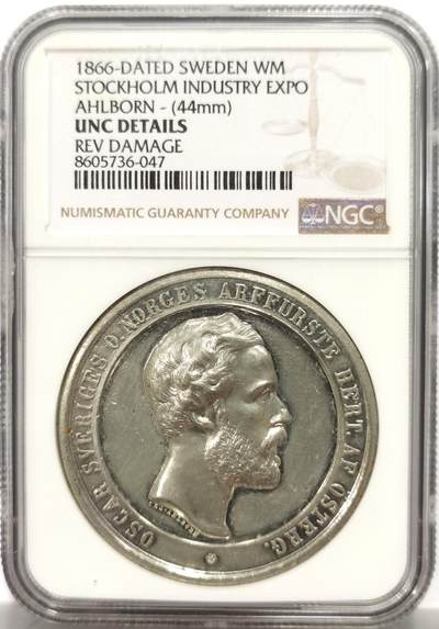 博洋堂世界钱币拍卖第164期（全场包邮） - NGC UNC 瑞典1866年斯德哥尔摩工业博览会白金属纪念章，正面为瑞典-挪威联合王国国王奥斯卡二世，44mm，加厚盒